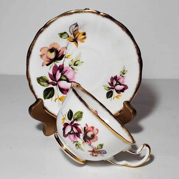 Royal Adderley Teacup and Saucer Pink Yellow Flowers Vintage - Picture 8 of 10